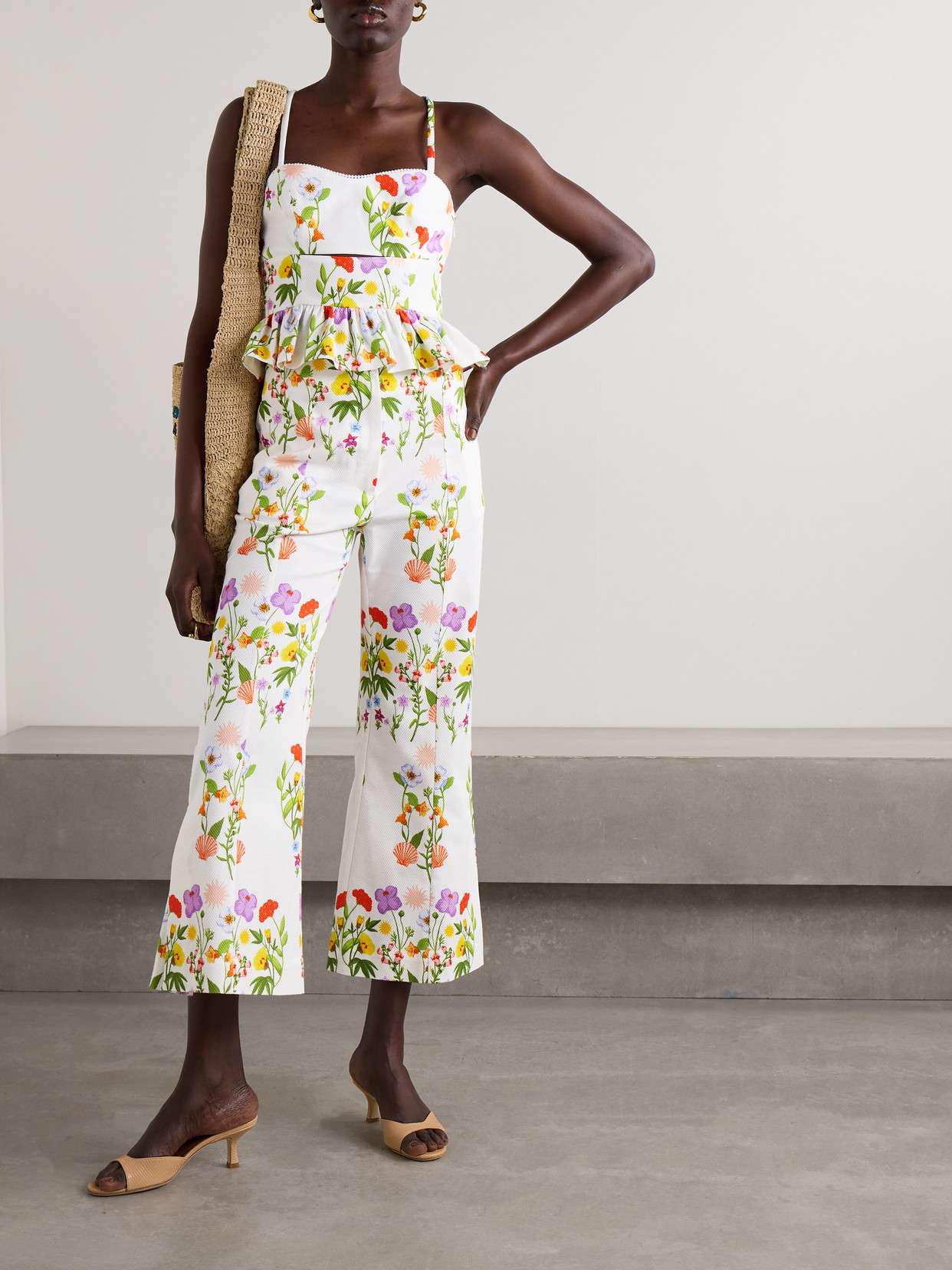 Borgo De Nor Callie Cutout Printed Cotton-blend Piqué Peplum Top In Multi