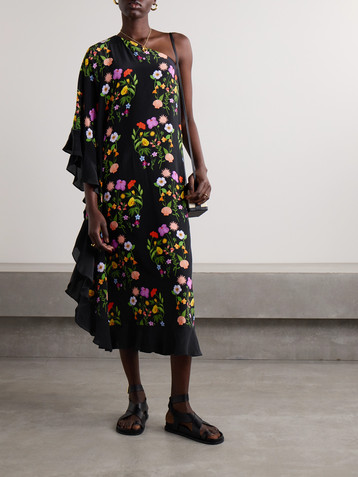 Borgo de Nor Ginger one-sleeve ruffled printed crepe midi dress
