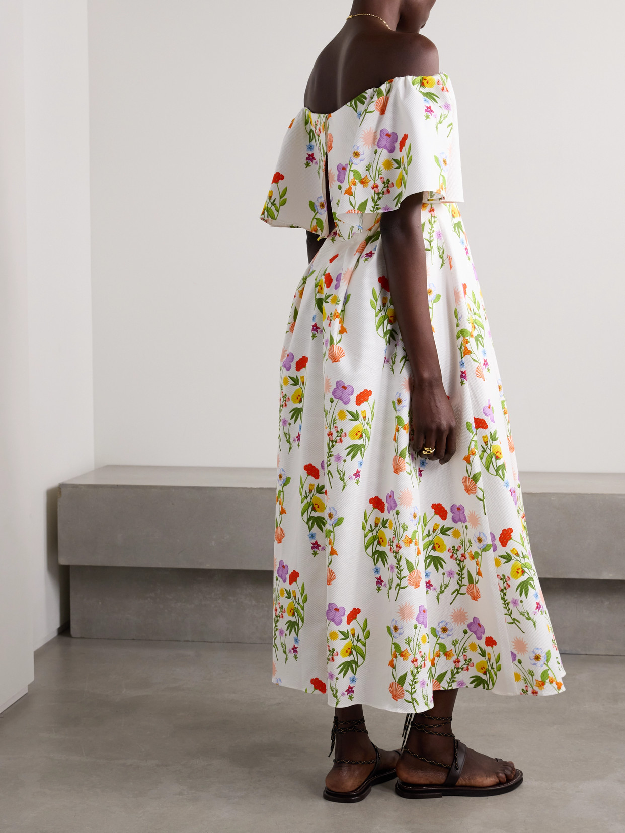 Borgo De Nor Gracie Off-the-shoulder Pleated Printed Cotton-blend Piqué Dress In Multi