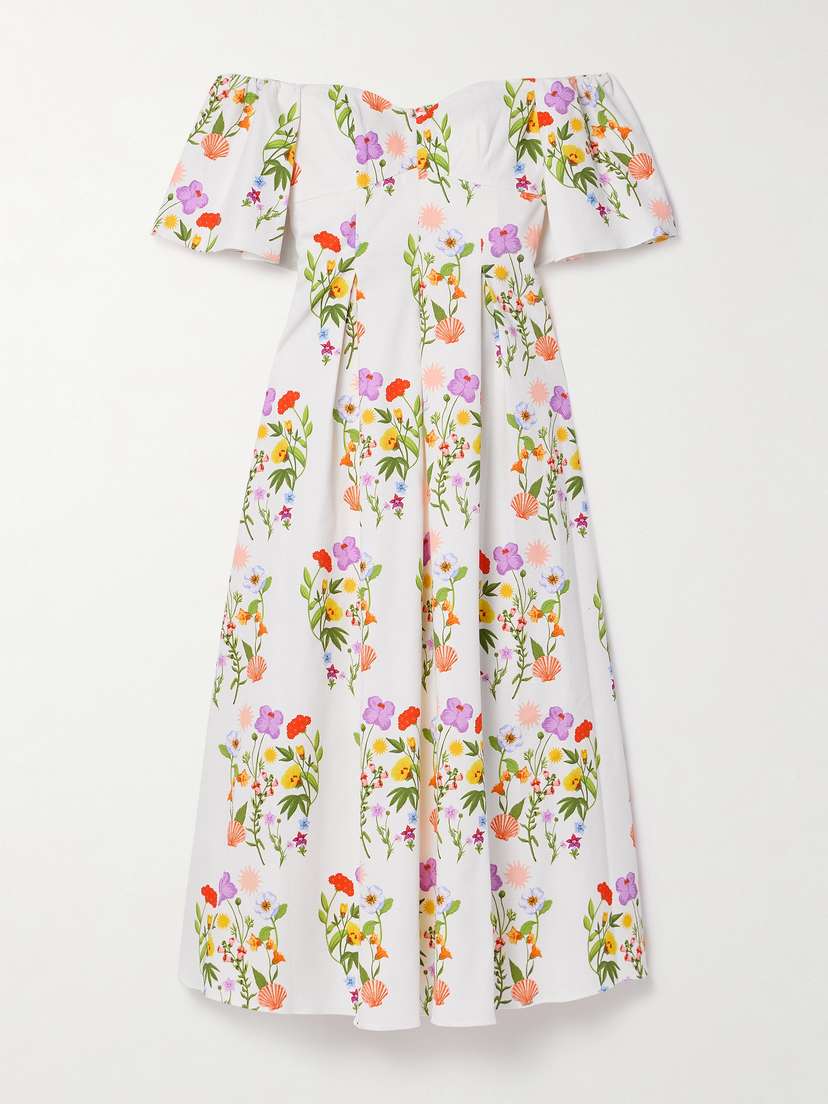 Borgo de Nor Gracie Off-the-shoulder Pleated Printed Cotton-blend Piqué Dress