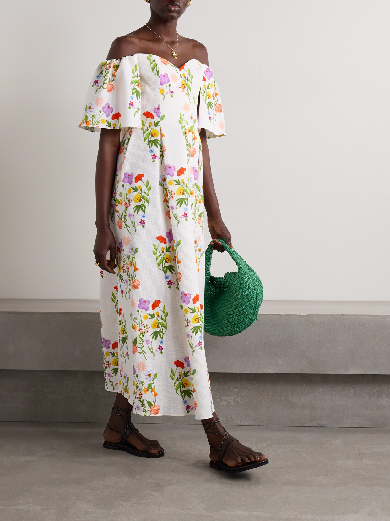 Borgo De Nor Gracie Off-the-shoulder Pleated Printed Cotton-blend Piqué Dress In Multi