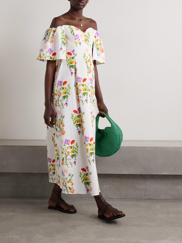 Borgo de Nor Gracie off-the-shoulder pleated printed cotton-blend piqué dress