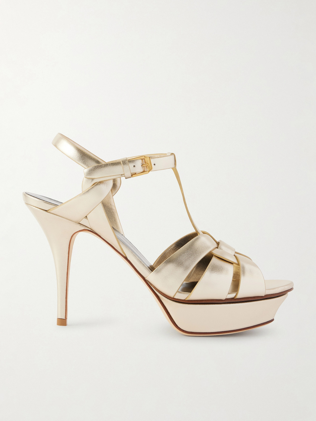 Saint Laurent Tribute Woven Metallic Leather Platform Sandals In Gold