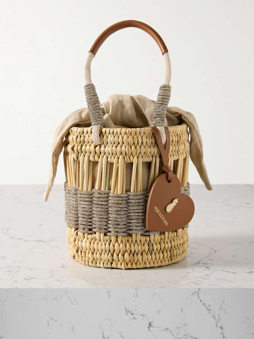 Aquazzura Sunkissed Crystal-embellished Leather-trimmed Raffia And Canvas Tote