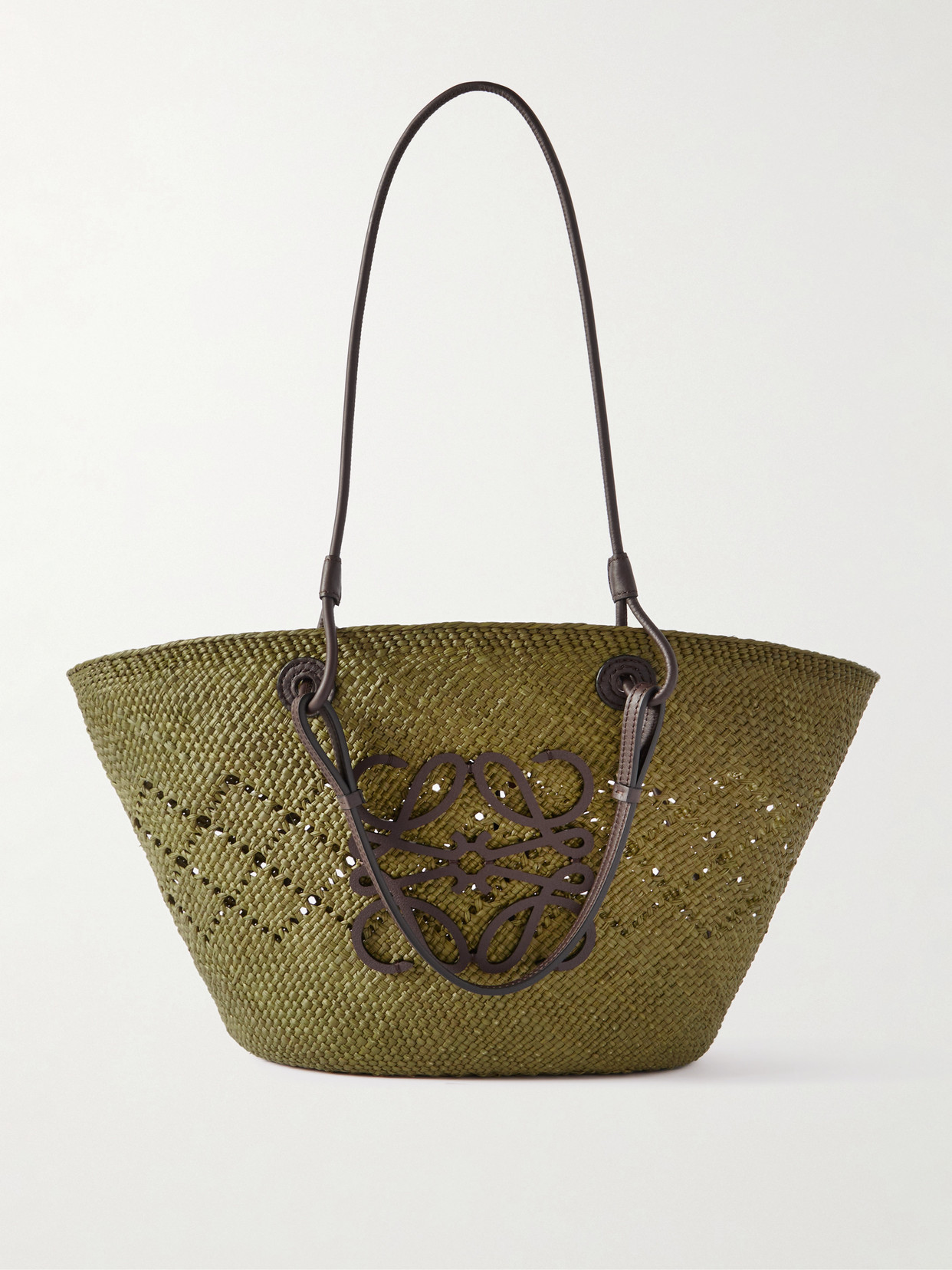 Loewe + Paula's Ibiza Anagram Medium Appliquéd Leather-trimmed Perforated Raffia Tote In Green