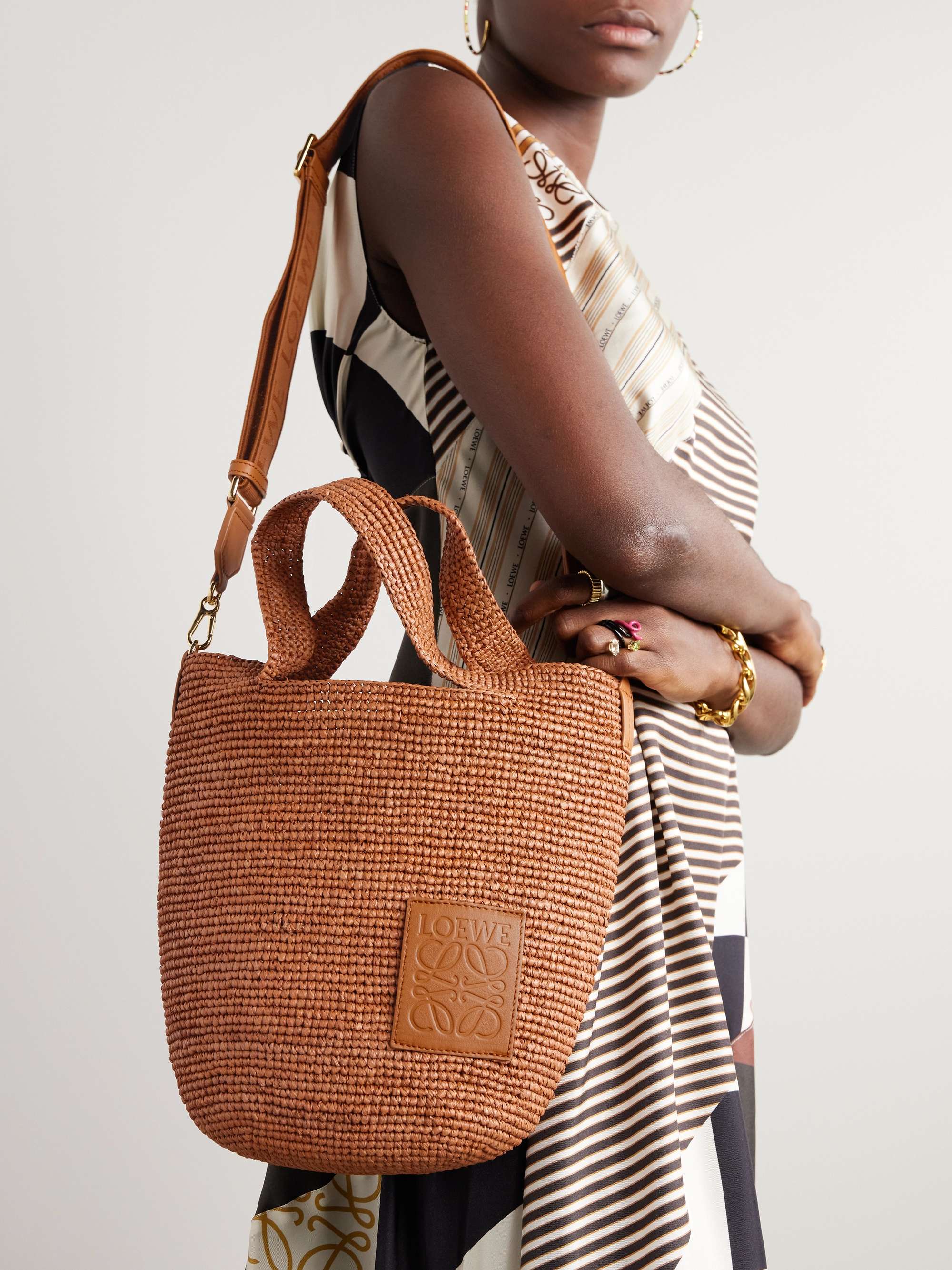 LOEWE + Paula's Ibiza Slit leather-trimmed woven raffia tote