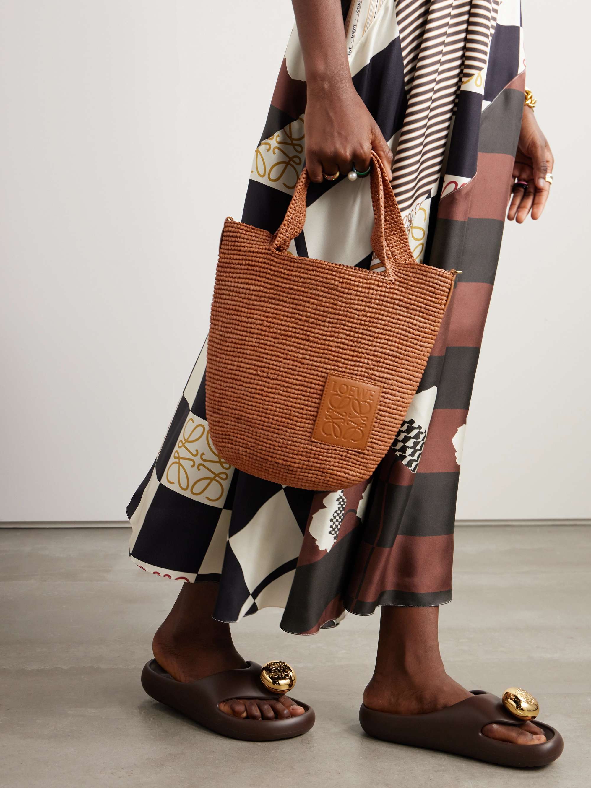 LOEWE + Paula's Ibiza Slit leather-trimmed woven raffia tote