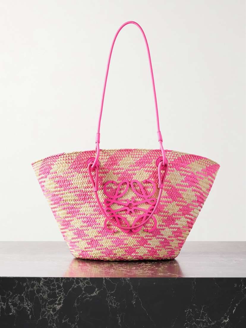 Loewe + Paula's Ibiza Anagram Medium Appliquéd Leather-trimmed Checked Raffia Tote