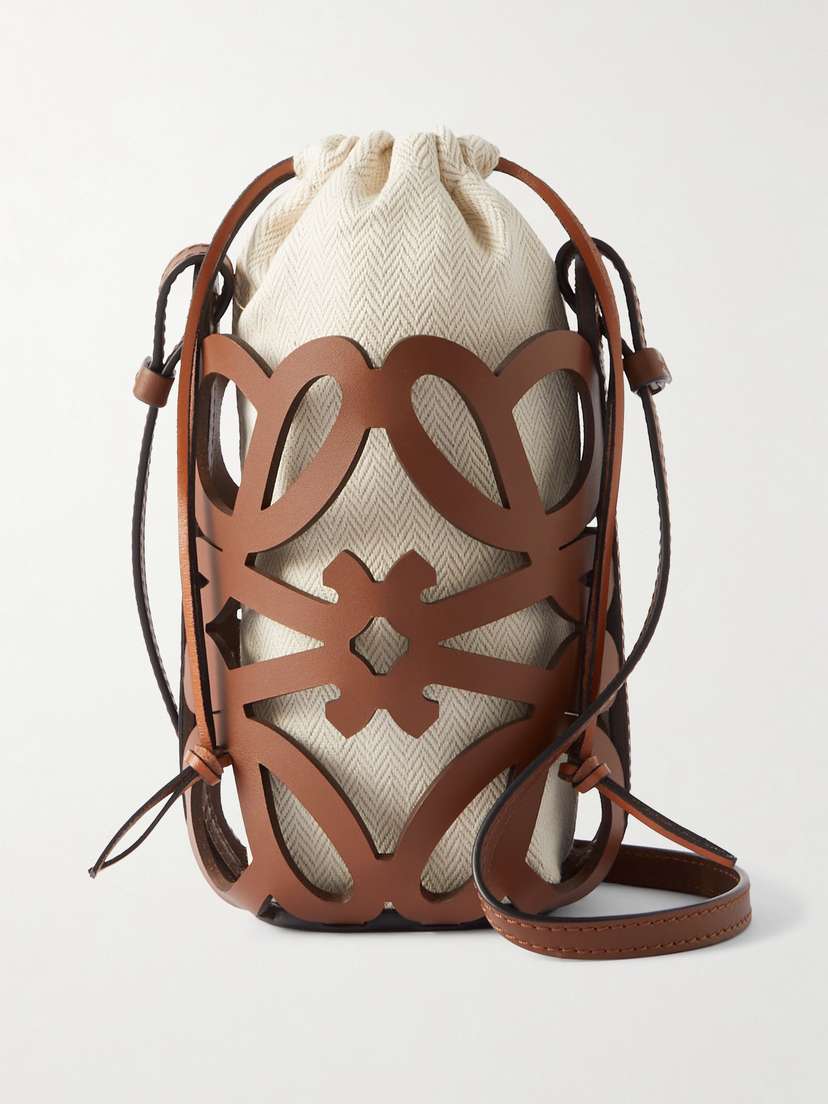 Loewe + Paula's Ibiza Cutout Leather And Herringbone Canvas Shoulder Bag