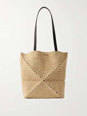 LOEWE + Paula's Ibiza Puzzle Fold medium leather-trimmed raffia tote