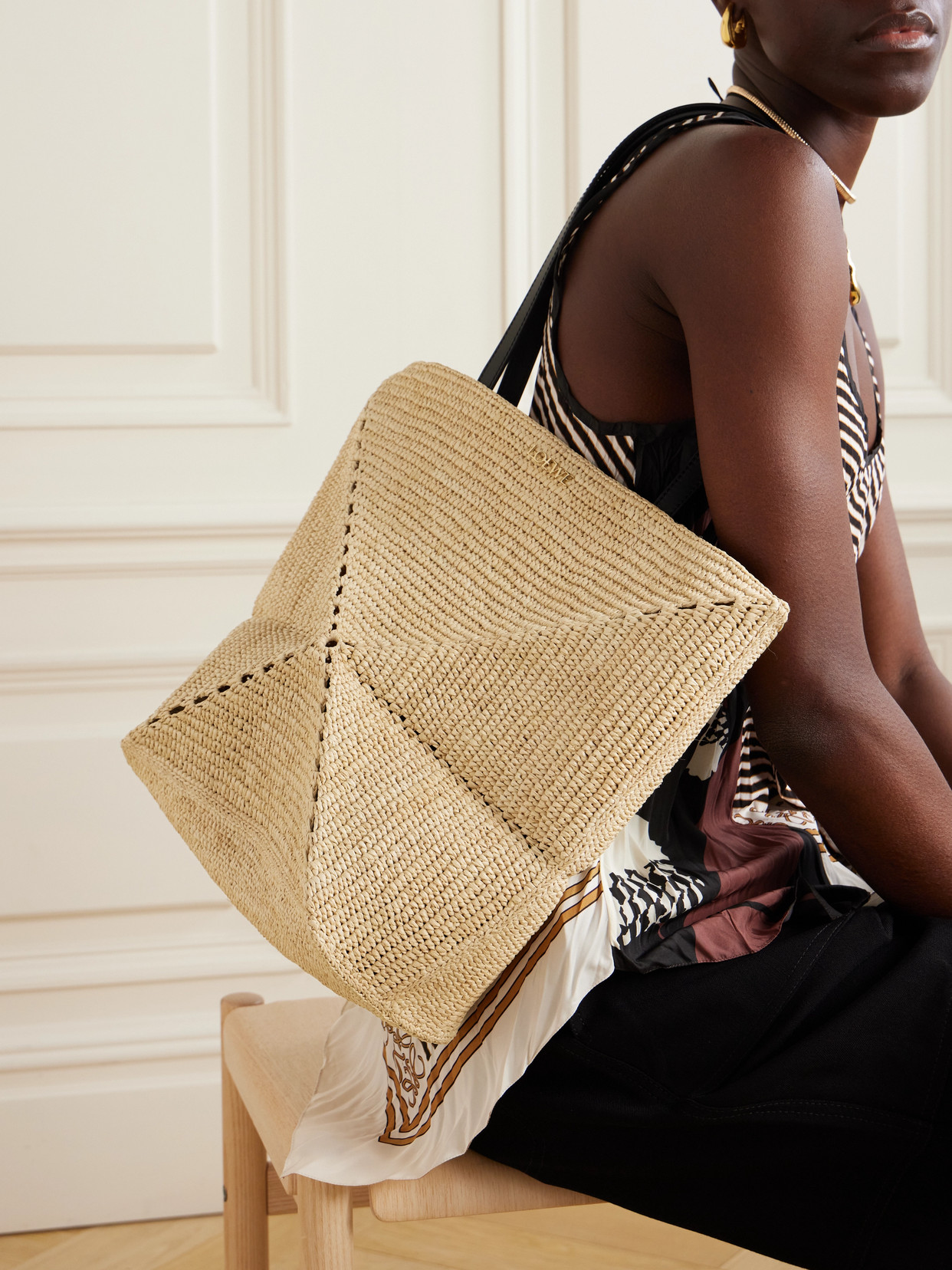 + Paula'S Ibiza Puzzle Fold Medium Leather-Trimmed Raffia Tote