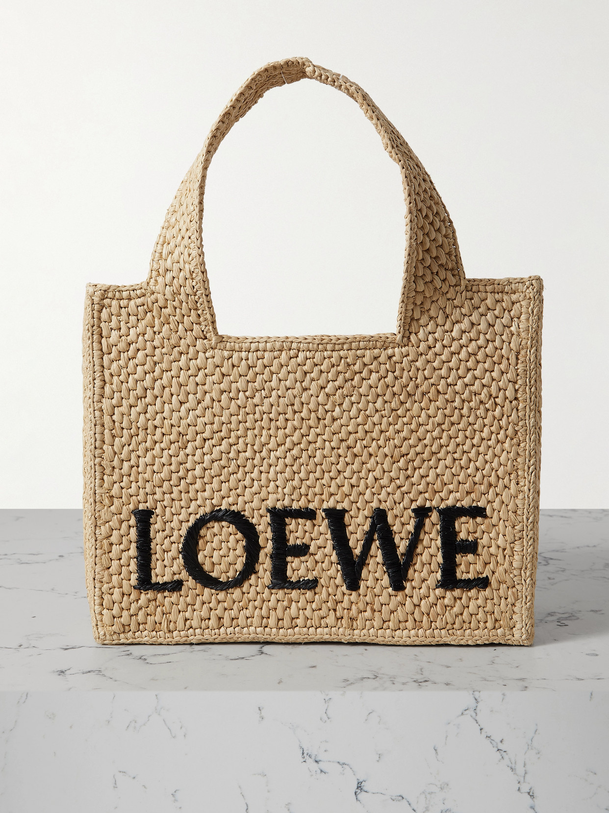 Loewe + Paula's Ibiza Embroidered Raffia Tote In Black