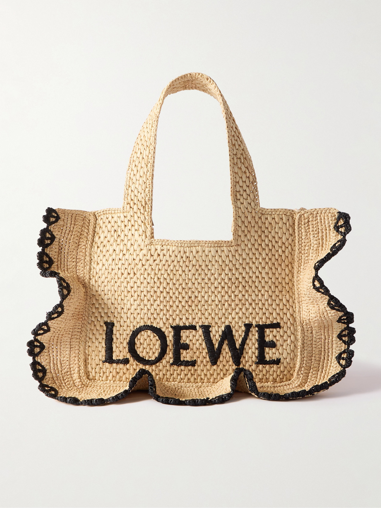 Loewe + Paula's Ibiza Small Ruffled Embroidered Raffia Tote In Neutrals