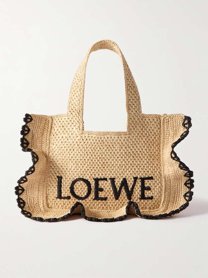 Loewe + Paula's Ibiza Small Ruffled Embroidered Raffia Tote