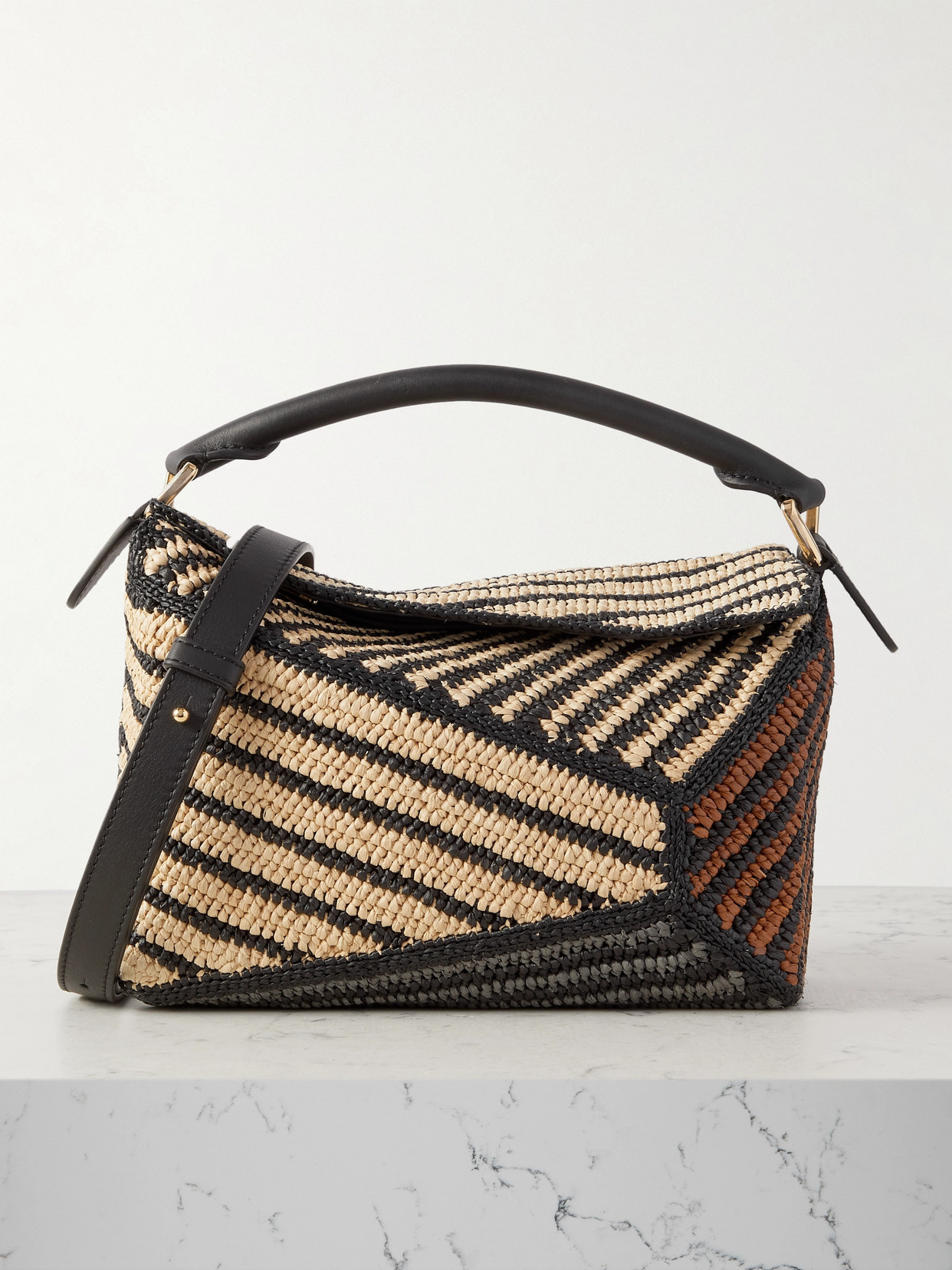 LOEWE + PAULA'S IBIZA PUZZLE EDGE SMALL LEATHER-TRIMMED STRIPED RAFFIA TOTE