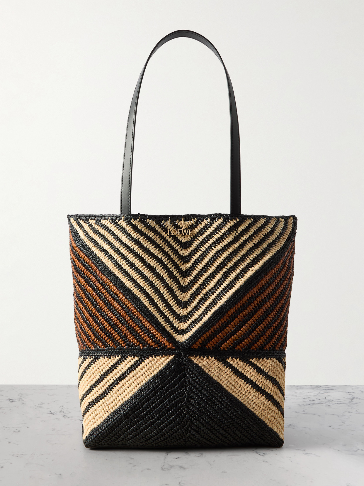 Loewe + Paula's Ibiza Puzzle Fold Medium Convertible Leather-trimmed Striped Raffia Tote In Red