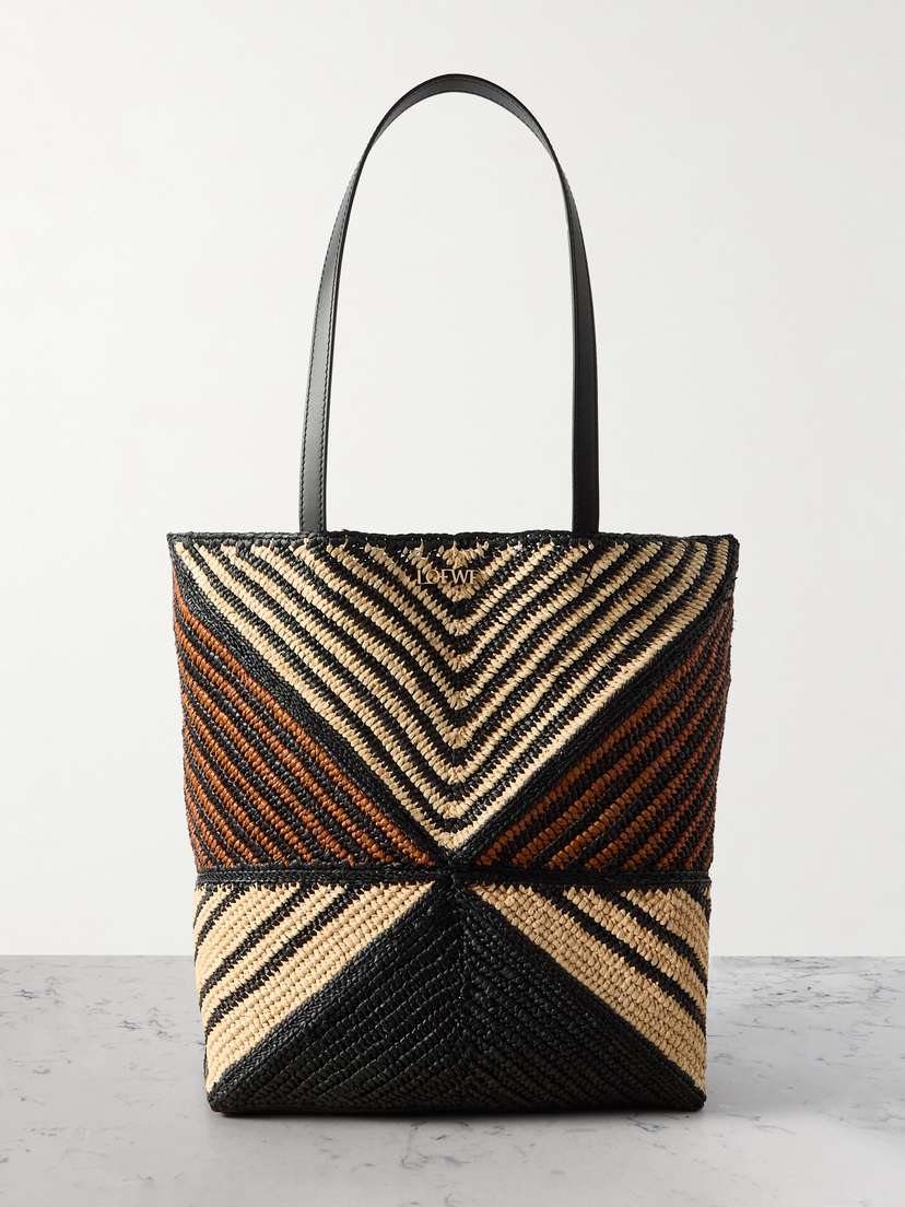 Loewe + Paula's Ibiza Puzzle Fold Medium Convertible Leather-trimmed Striped Raffia Tote