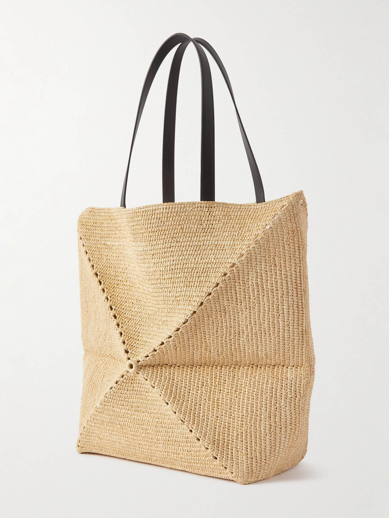 Shop Loewe + Paula's Ibiza Puzzle Fold Large Leather-trimmed Raffia Tote In Neutrals