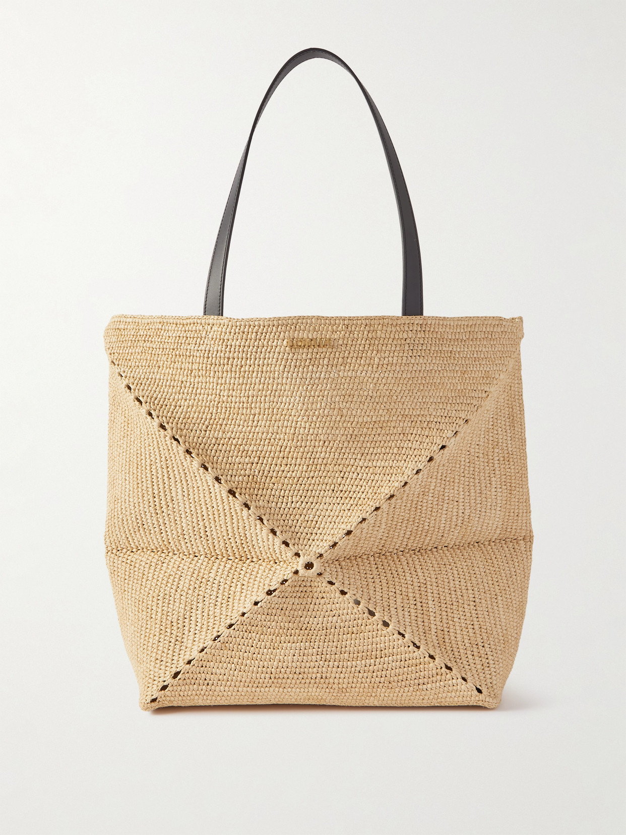 Shop Loewe + Paula's Ibiza Puzzle Fold Large Leather-trimmed Raffia Tote In Neutrals