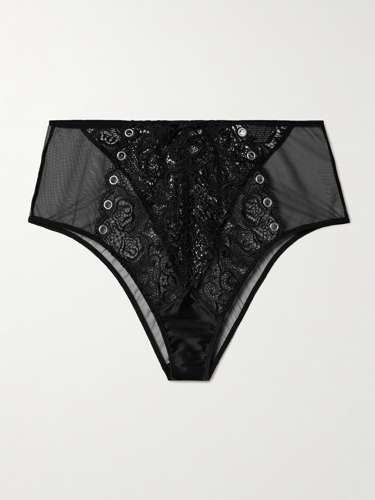 Fleur Du Mal Lace-up Silk-blend Satin-trimmed Embellished Tulle And Corded Lace Briefs In Black