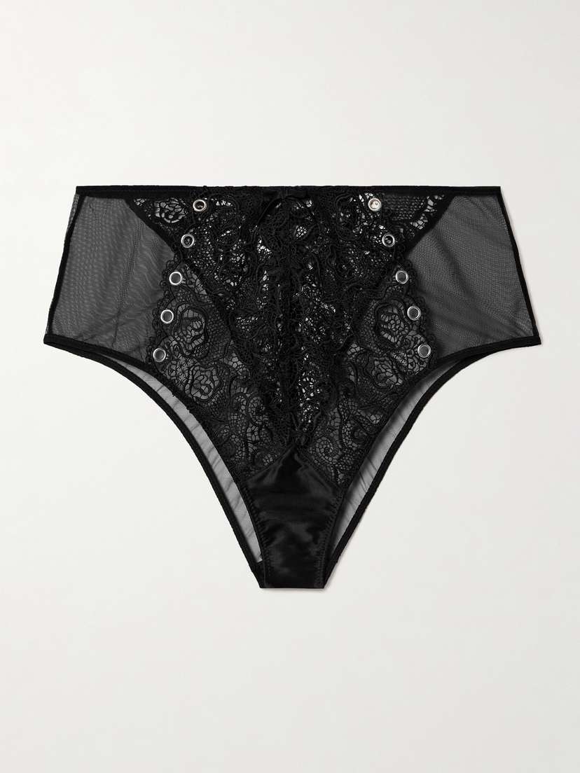 Fleur du Mal Lace-up Silk-blend Satin-trimmed Embellished Tulle And Corded Lace Briefs