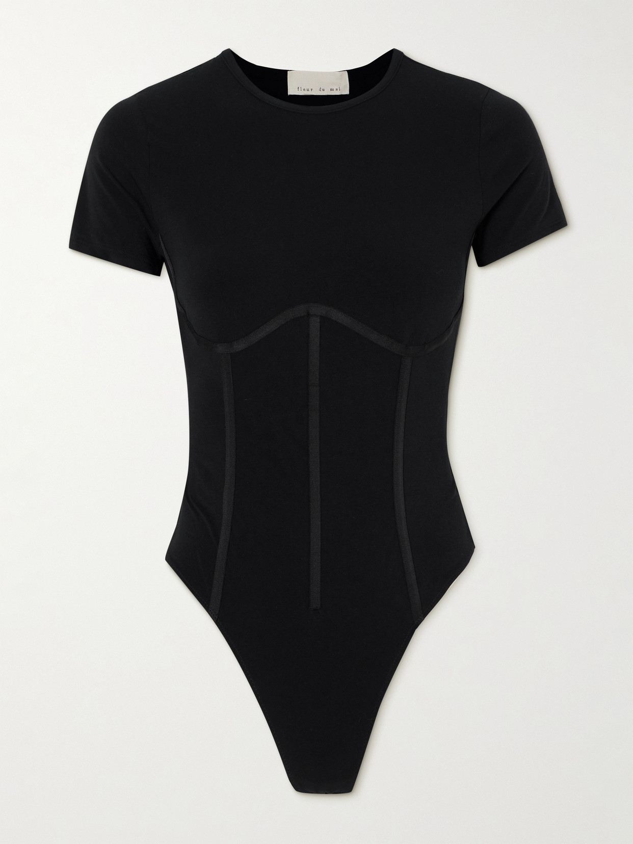 Shop Fleur Du Mal Paneled Organic Cotton-blend Thong Bodysuit In Black