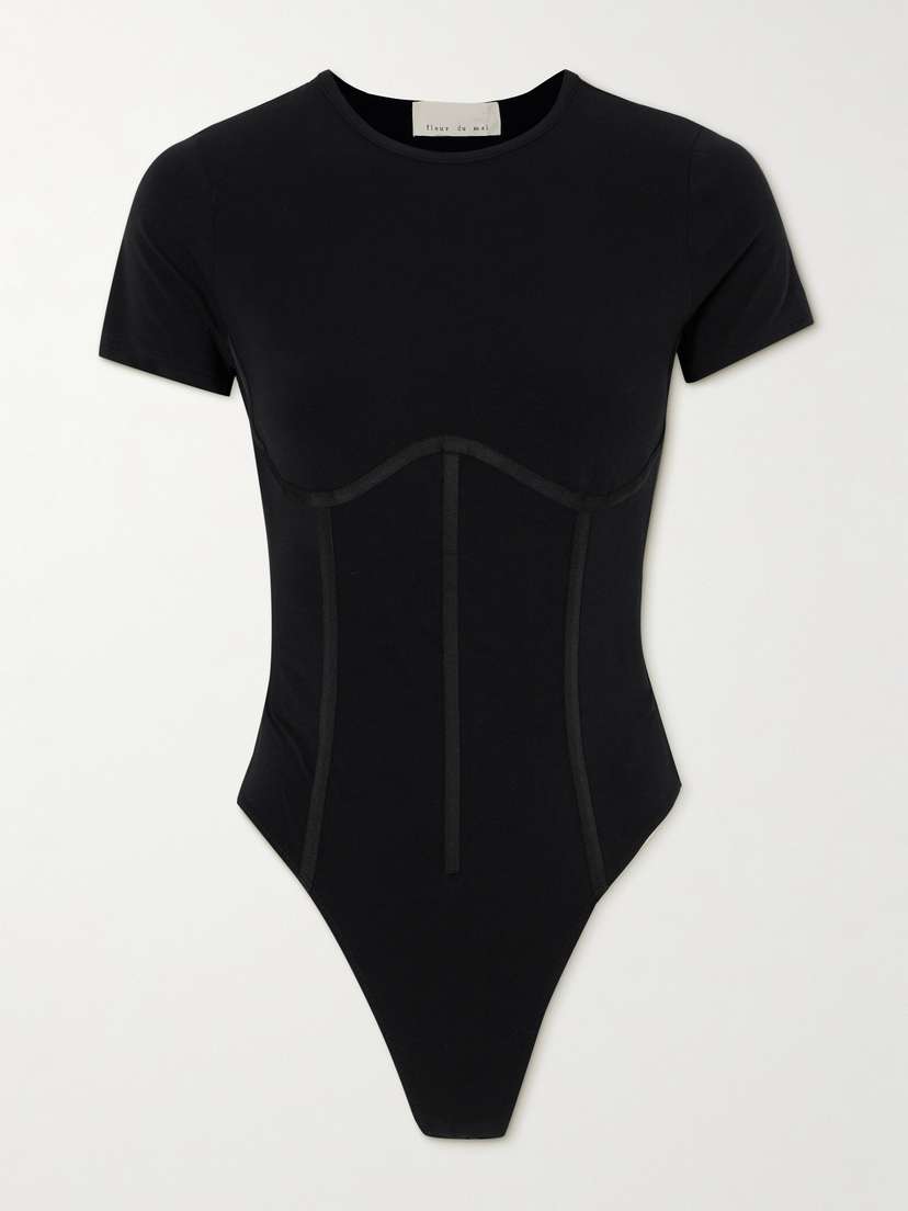 Fleur du Mal Paneled Organic Cotton-blend Thong Bodysuit