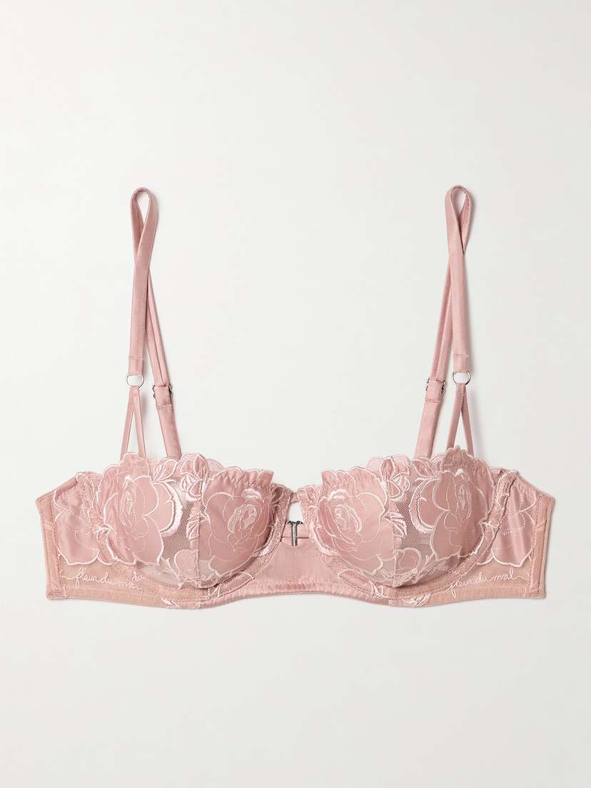 Fleur du Mal Silk-blend Satin-trimmed Embroidered Tulle Underwired Soft-cup Balconette Bra