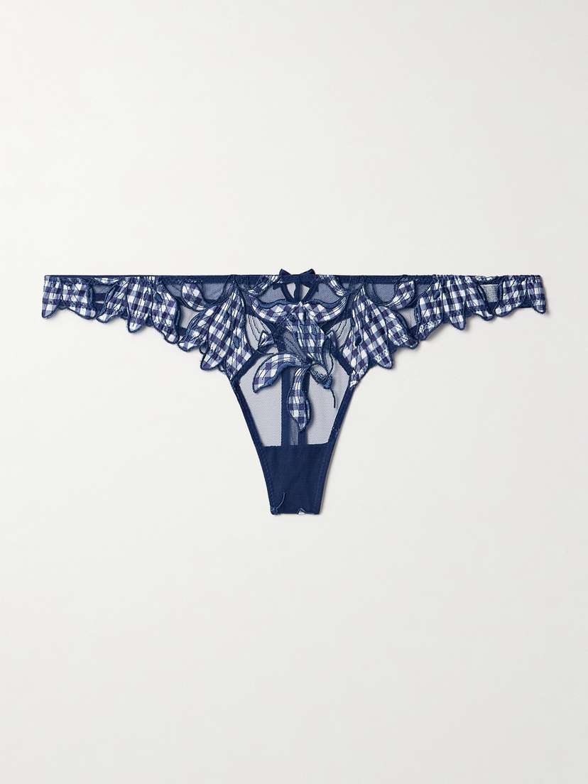 Fleur du Mal Lily Satin-trimmed Embroidered Stretch-tulle Thong
