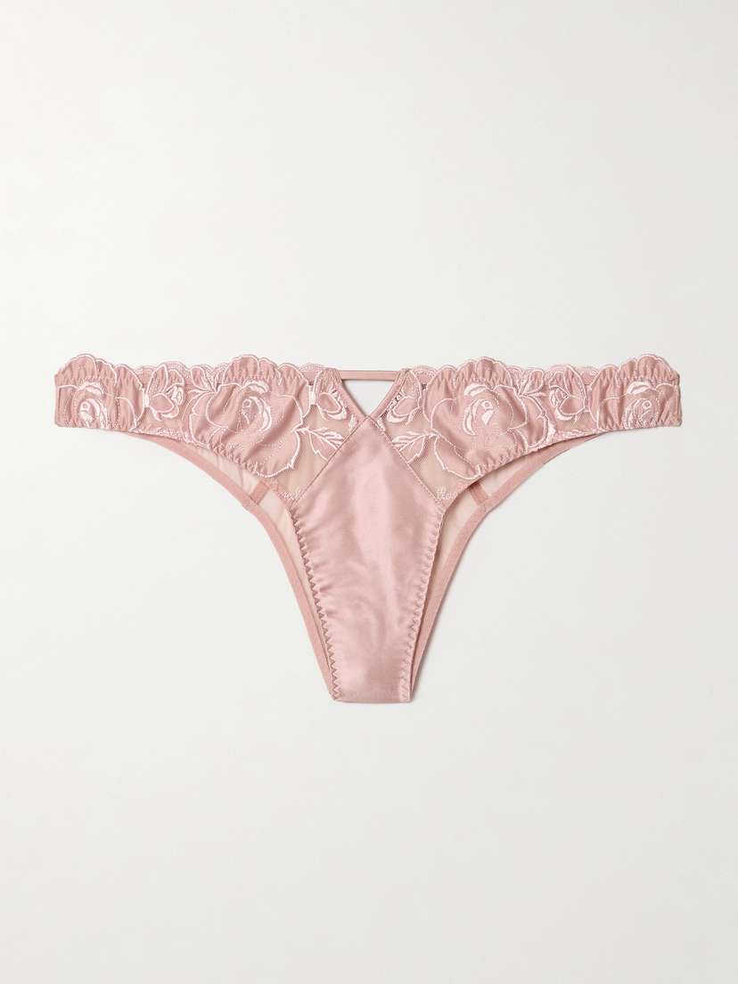 Fleur du Mal Rose Cutout Embroidered Silk-blend Satin And Tulle Briefs