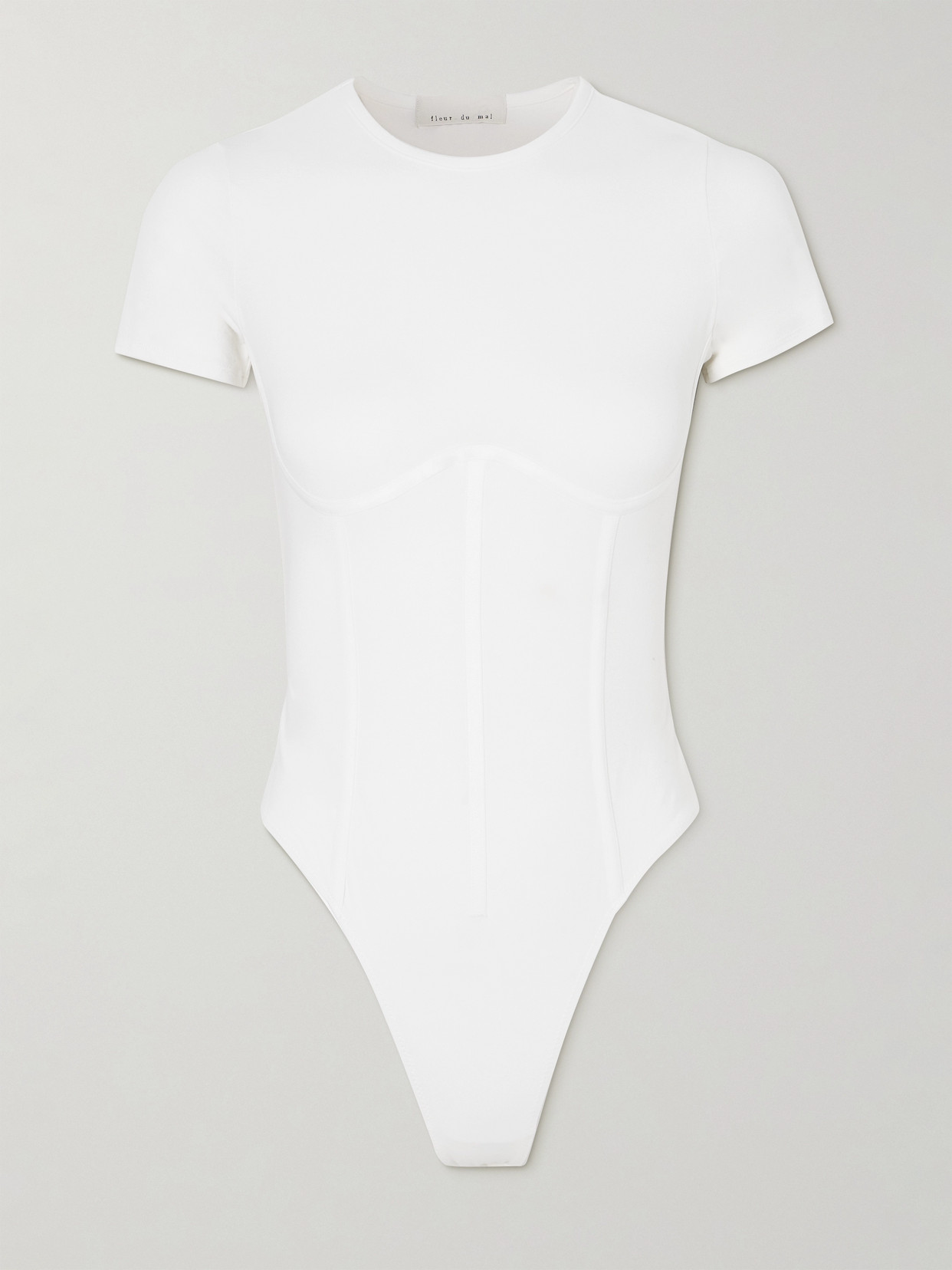 FLEUR DU MAL PANELED ORGANIC COTTON-BLEND THONG BODYSUIT