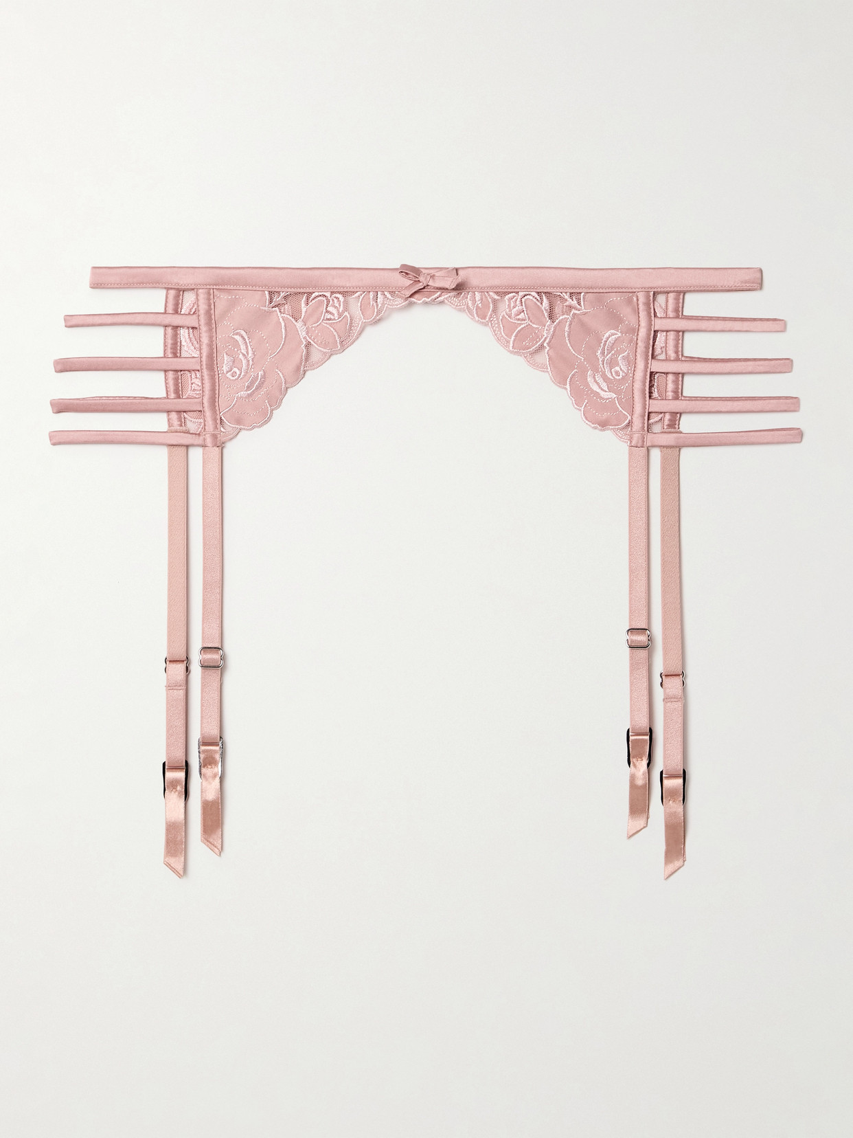 Fleur Du Mal Rose Cutout Silk-blend Satin-trimmed Embroidered Tulle Suspender Belt In Pink