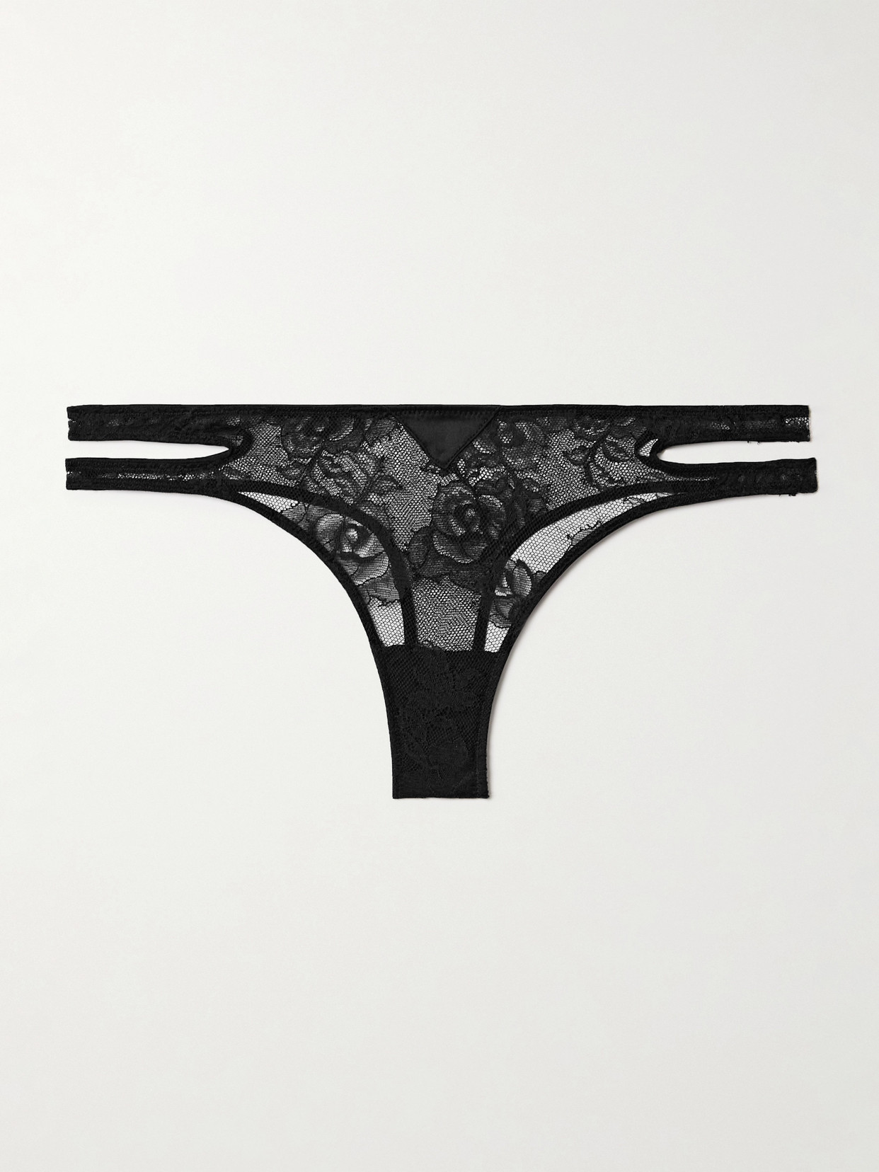 Fleur Du Mal Bouquet Cutout Silk-blend Satin-trimmed Lace Thong In Black