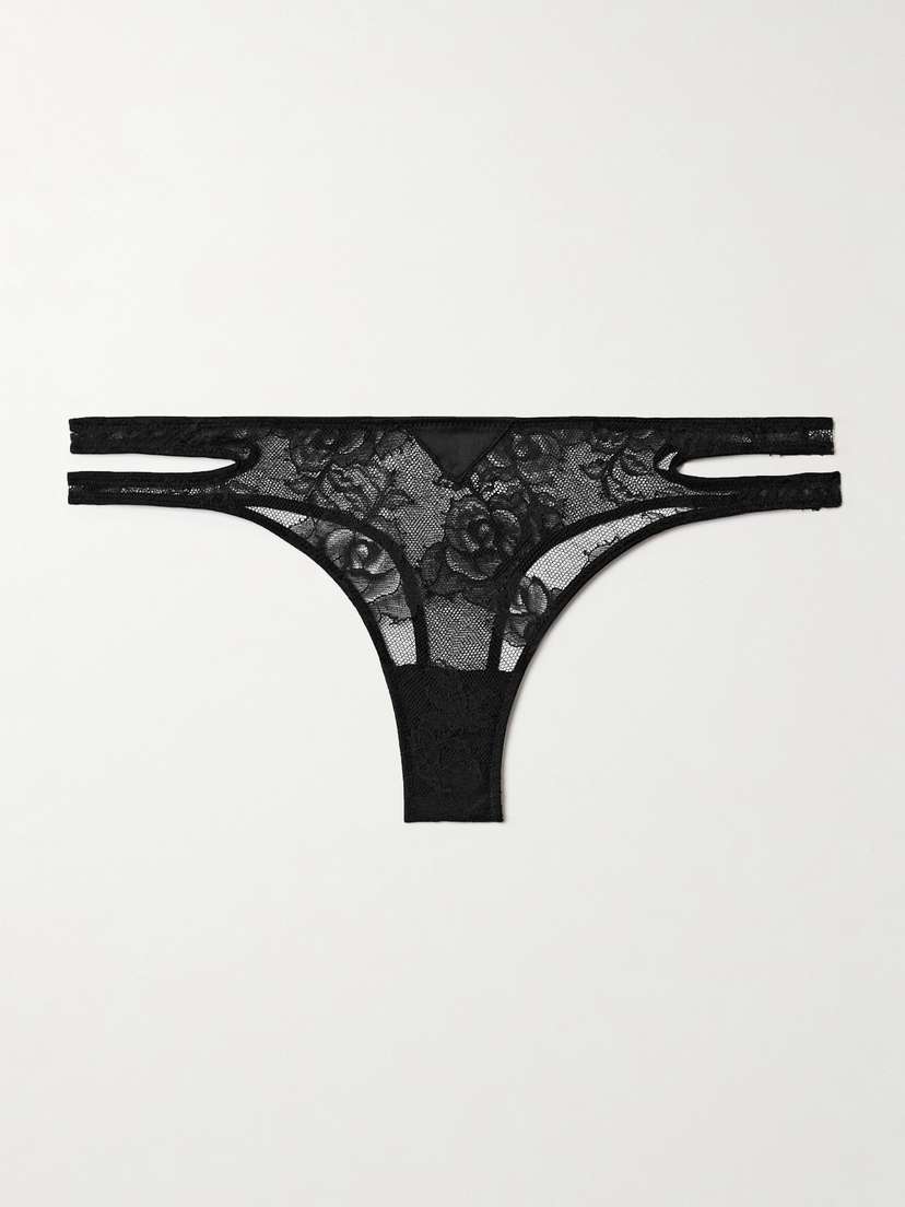 Fleur du Mal Bouquet Cutout Silk-blend Satin-trimmed Lace Thong