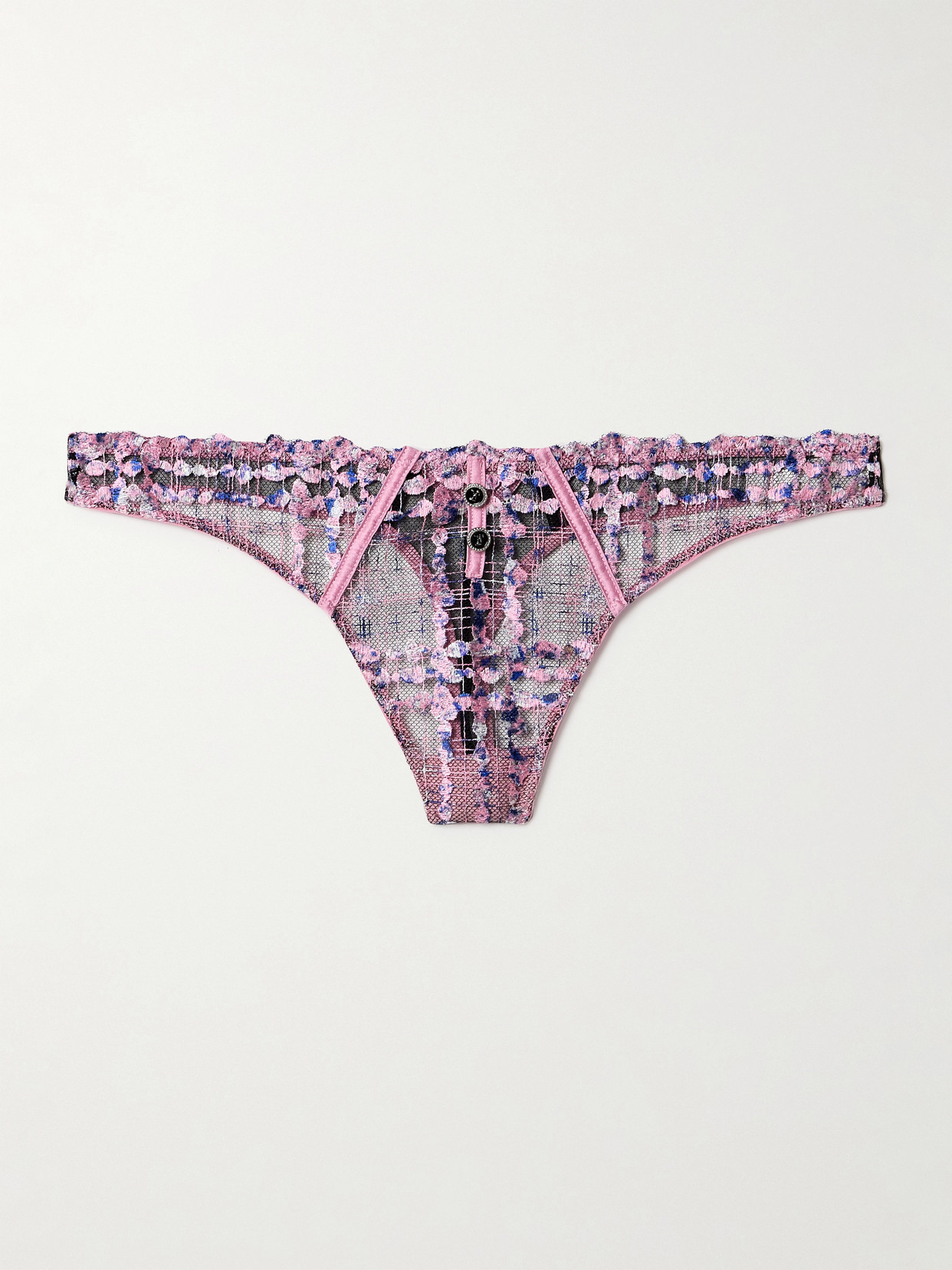 Fleur Du Mal Gabrielle Silk-blend Satin-trimmed Embroidered Tulle Thong In Pink