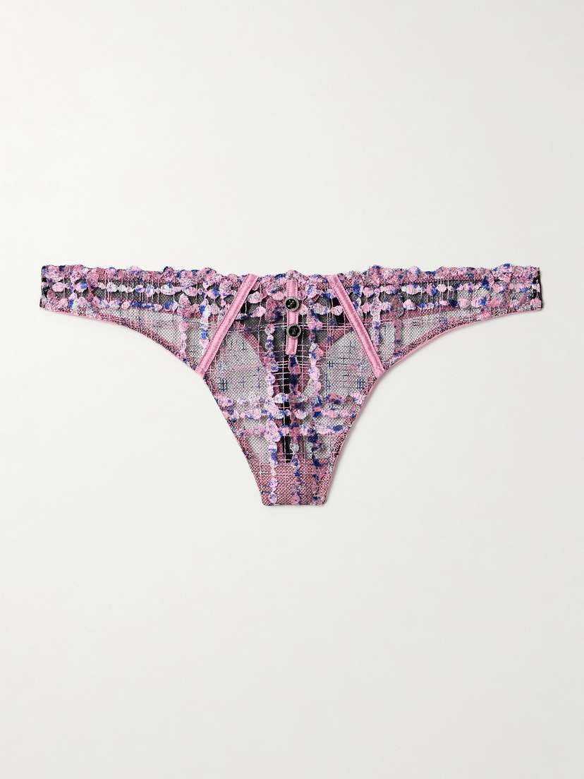 Fleur du Mal Gabrielle Silk-blend Satin-trimmed Embroidered Tulle Thong