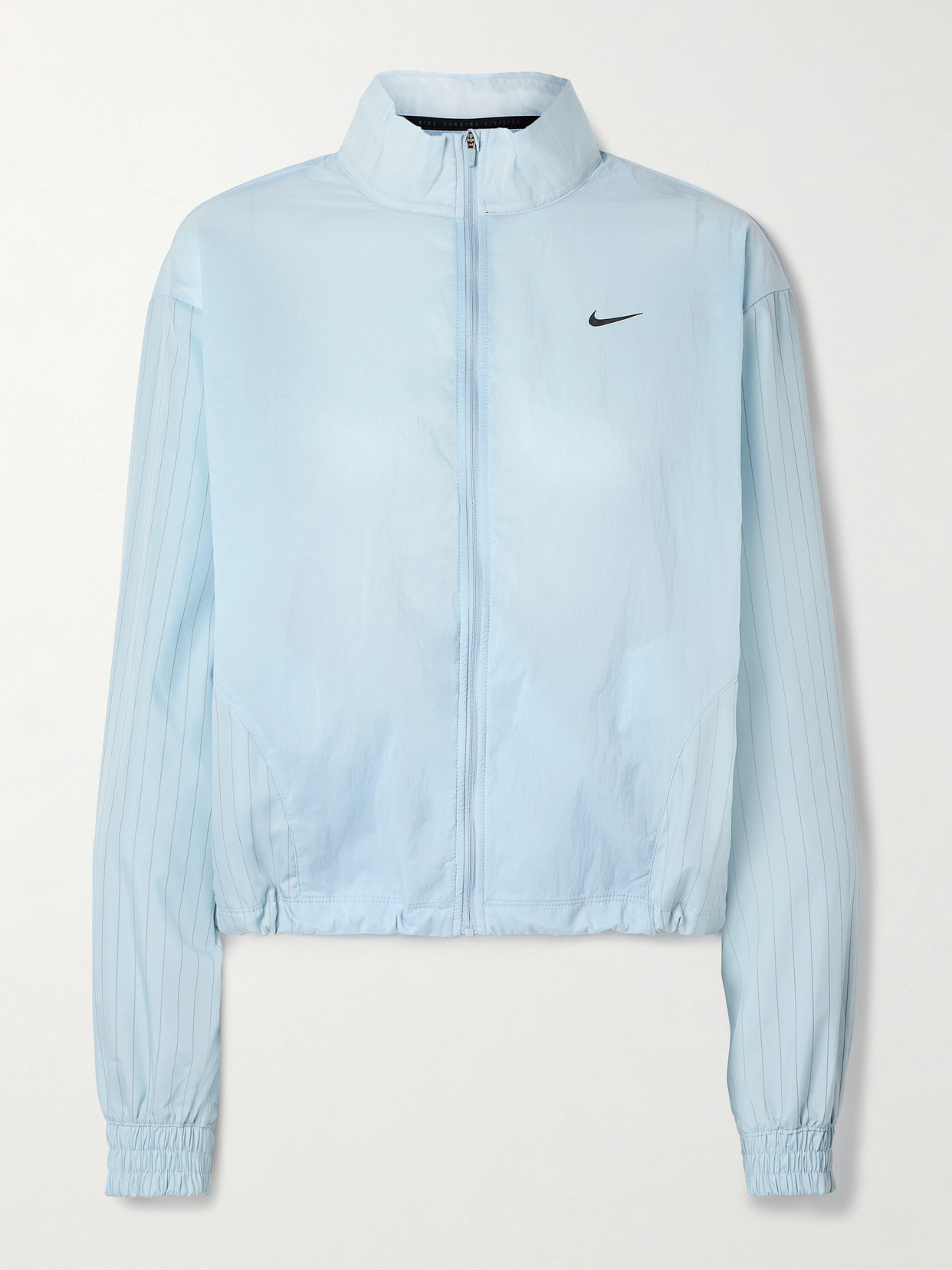 Nike Running Division Paneled Pinstriped Crinkled-shell Jacket In Blue