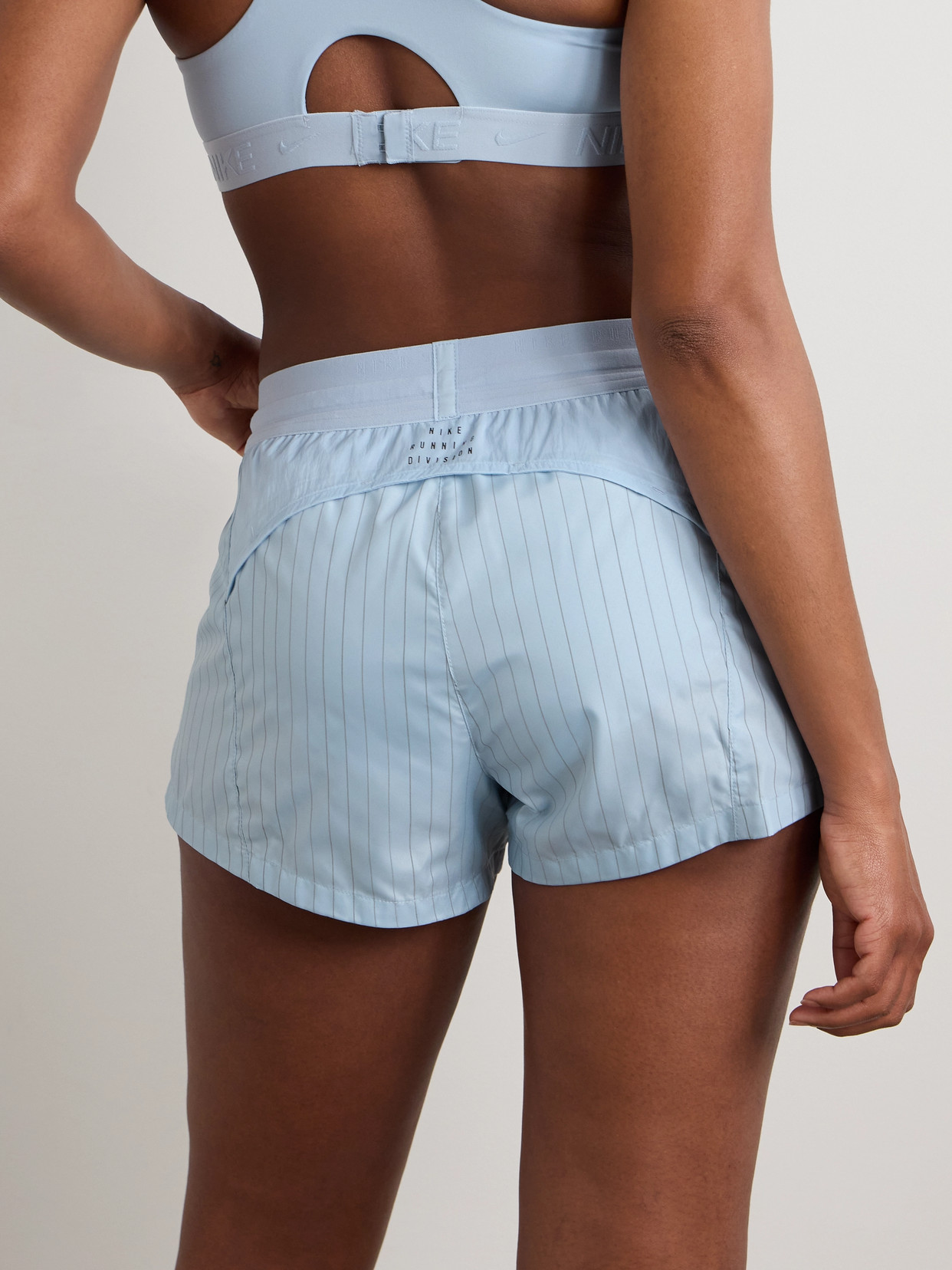 Nike Running Division Pinstriped Paneled Crinkled-shell Shorts In Blue