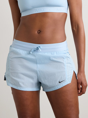 Nike Running Division pinstriped paneled crinkled-shell shorts