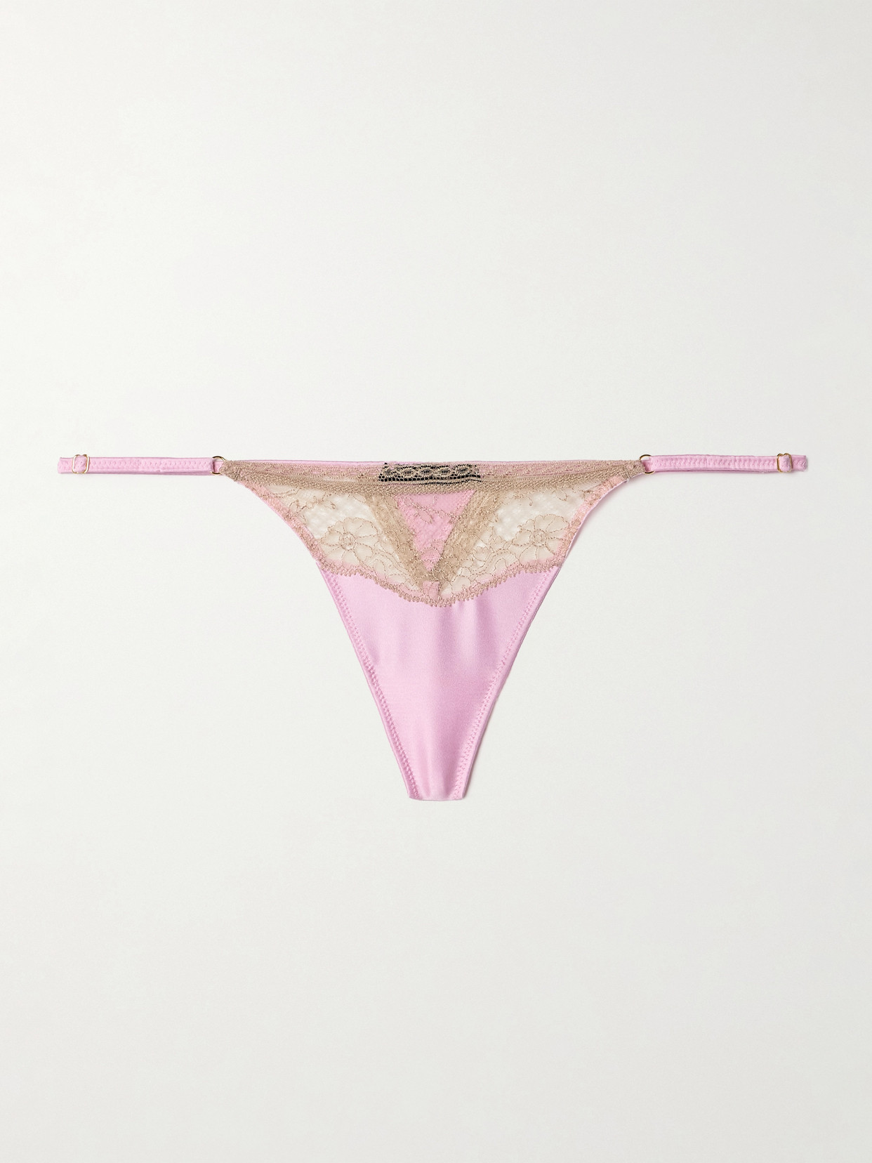 Kiki De Montparnasse Lace-trimmed Silk-blend Satin Thong In Pink