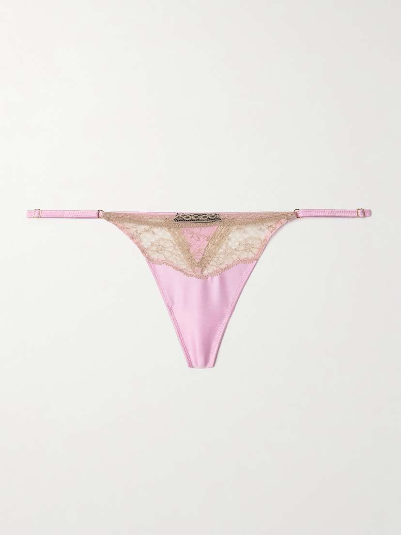 Kiki de Montparnasse Lace-trimmed Silk-blend Satin Thong