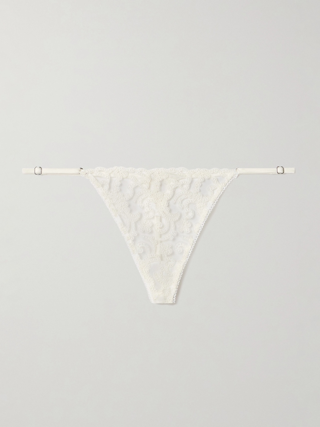 Kiki De Montparnasse Lola Satin-trimmed Embroidered Tulle Thong In Ivory