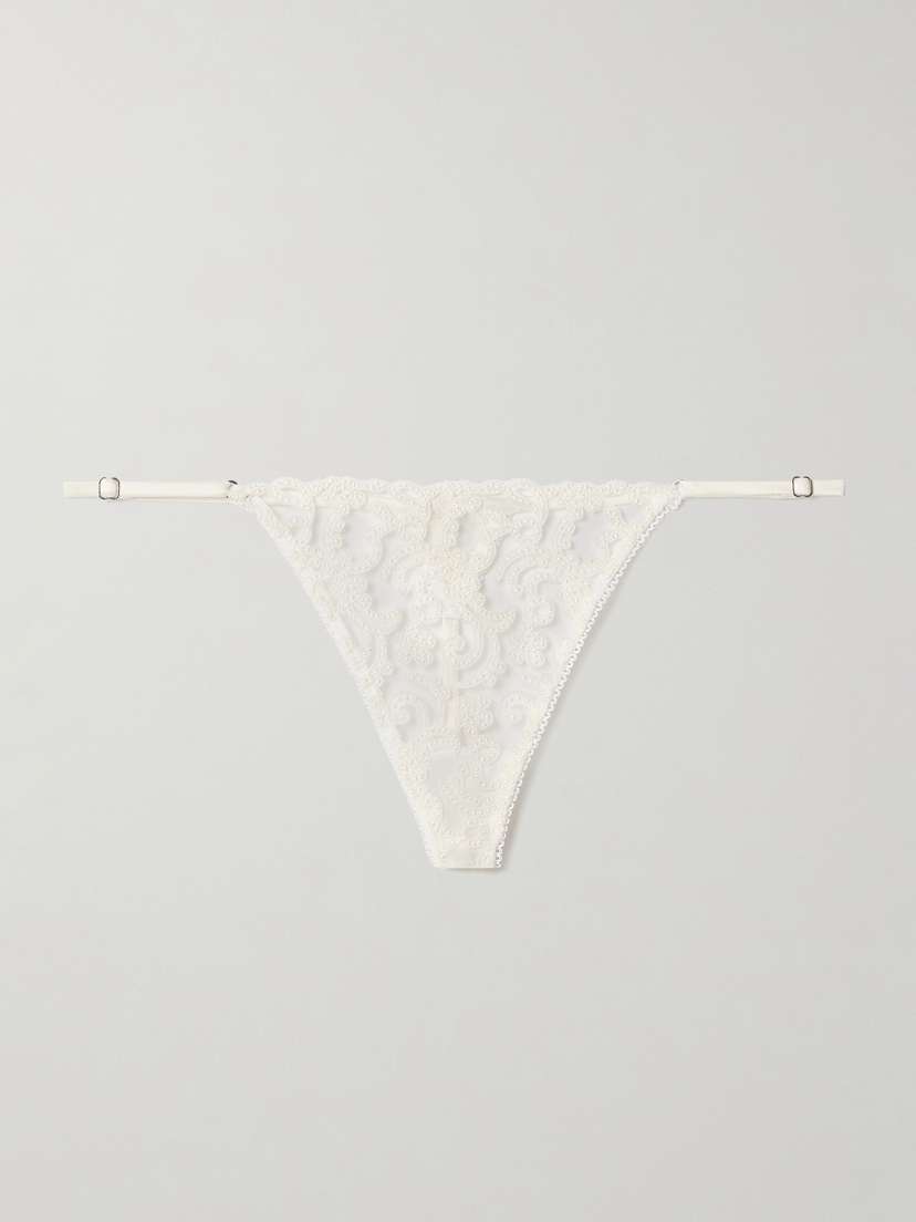 Kiki de Montparnasse Lola Satin-trimmed Embroidered Tulle Thong