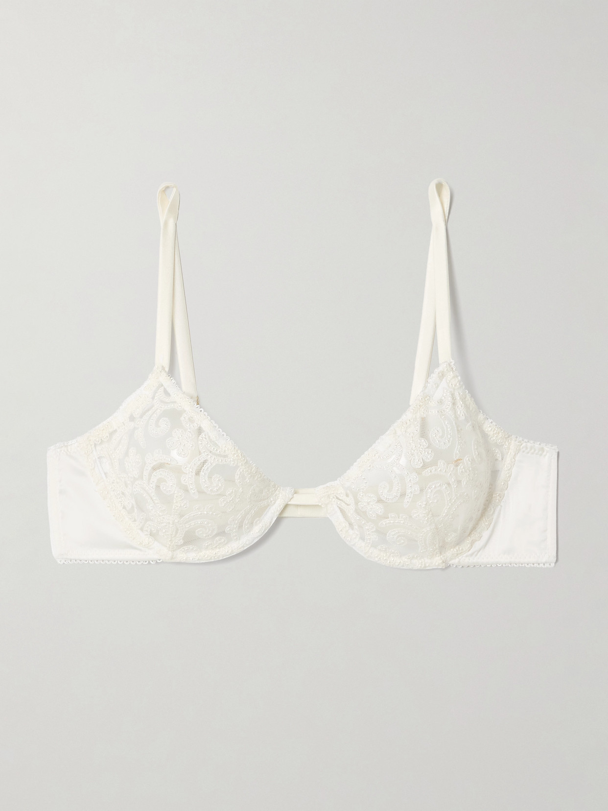 Kiki De Montparnasse Lola Silk-blend Satin-trimmed Embroidered Stretch-tulle Balconette Bra In White