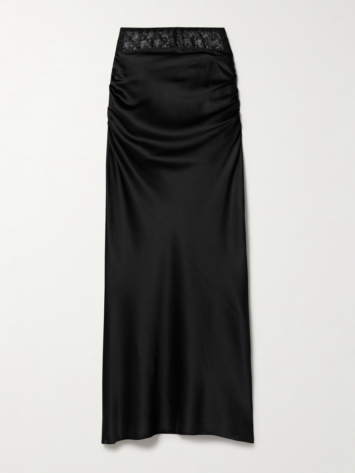 Kiki De Montparnasse Embroidered Tulle-trimmed Ruched Silk-blend Satin Maxi Skirt In Black