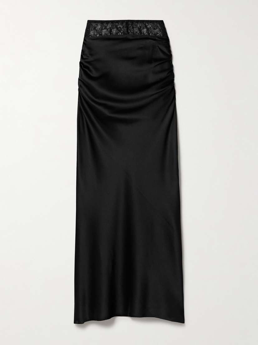 Kiki de Montparnasse Embroidered Tulle-trimmed Ruched Silk-blend Satin Maxi Skirt
