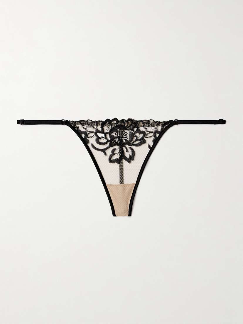 Kiki de Montparnasse Cezanne Silk-satin Trimmed Embroidered Tulle Thong