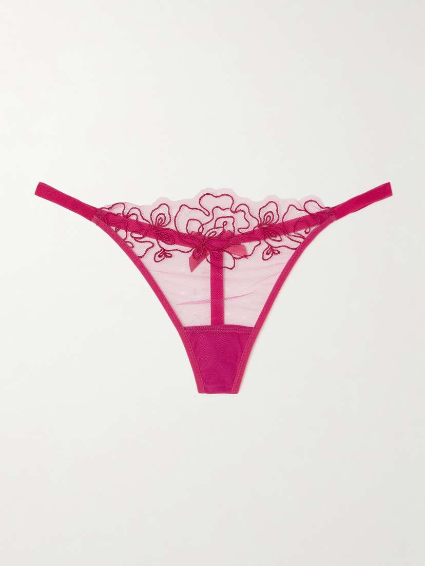 Agent Provocateur Juni Embroidered Satin-trimmed Tulle Thong