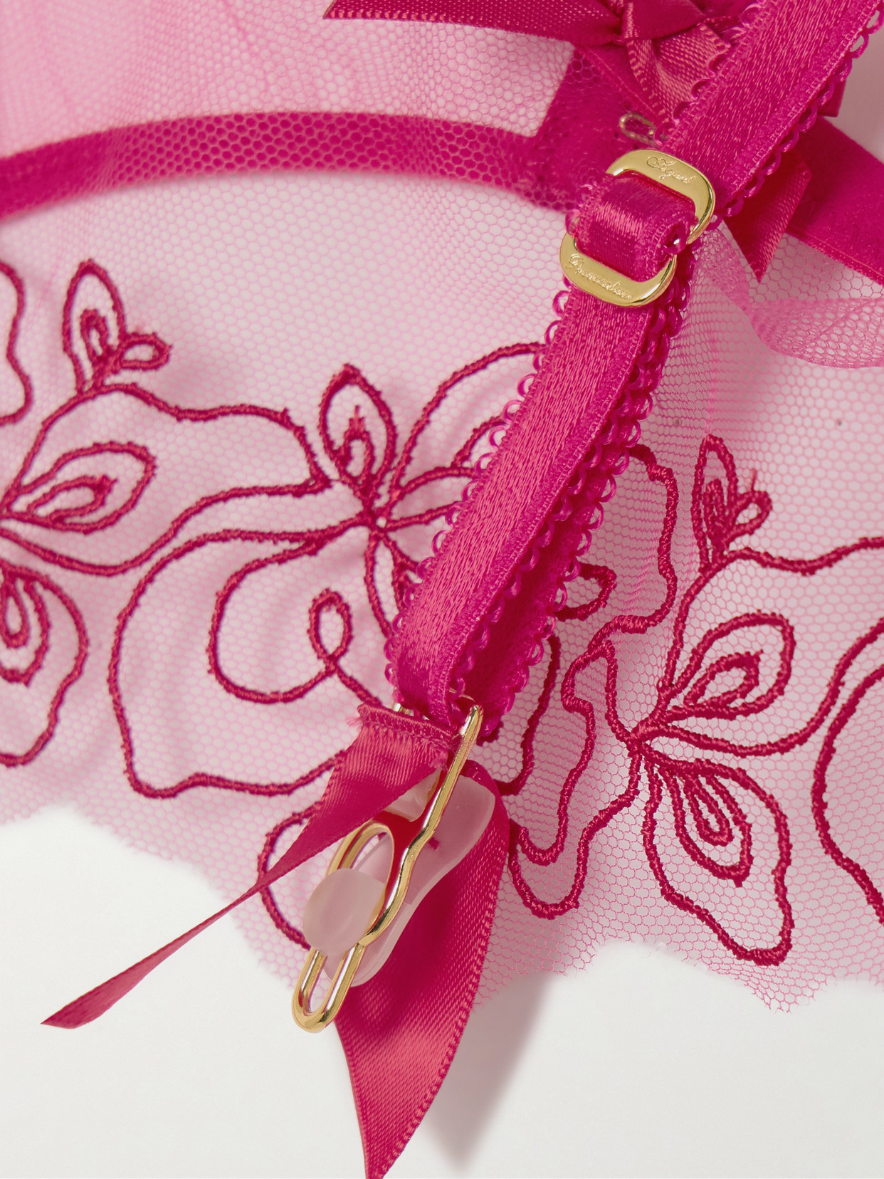 AGENT PROVOCATEUR JUNI EMBROIDERED SATIN-TRIMMED TULLE SUSPENDER BELT