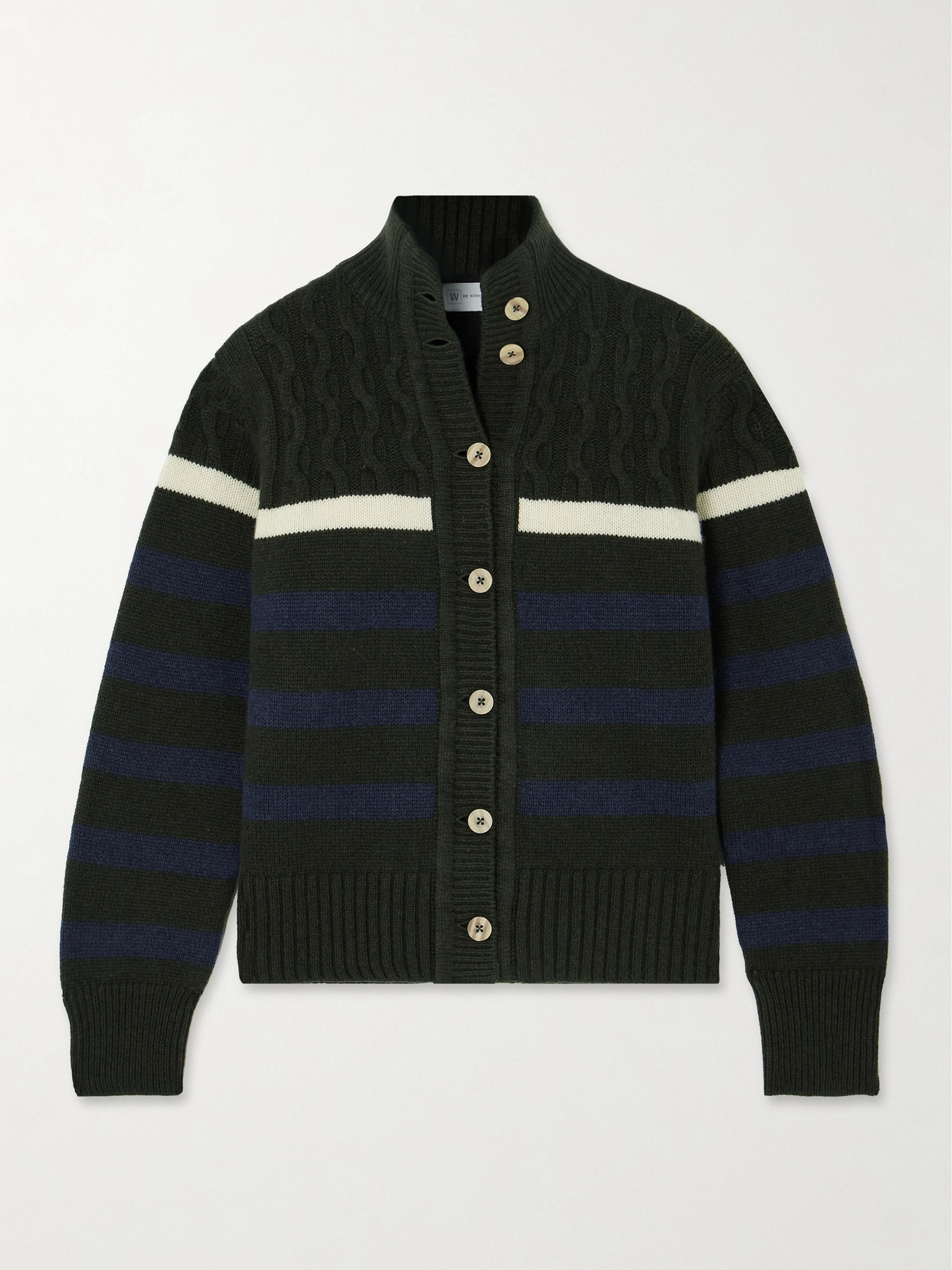 We Norwegians Nordkapp Striped Cable-knit Merino Wool And Cashmere-blend Cardigan In Green